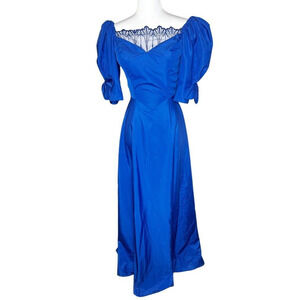 Vintage 1980's ILGWU Blue Evening Gown Prom Dress Sweeping Prairie Puff Sleeve